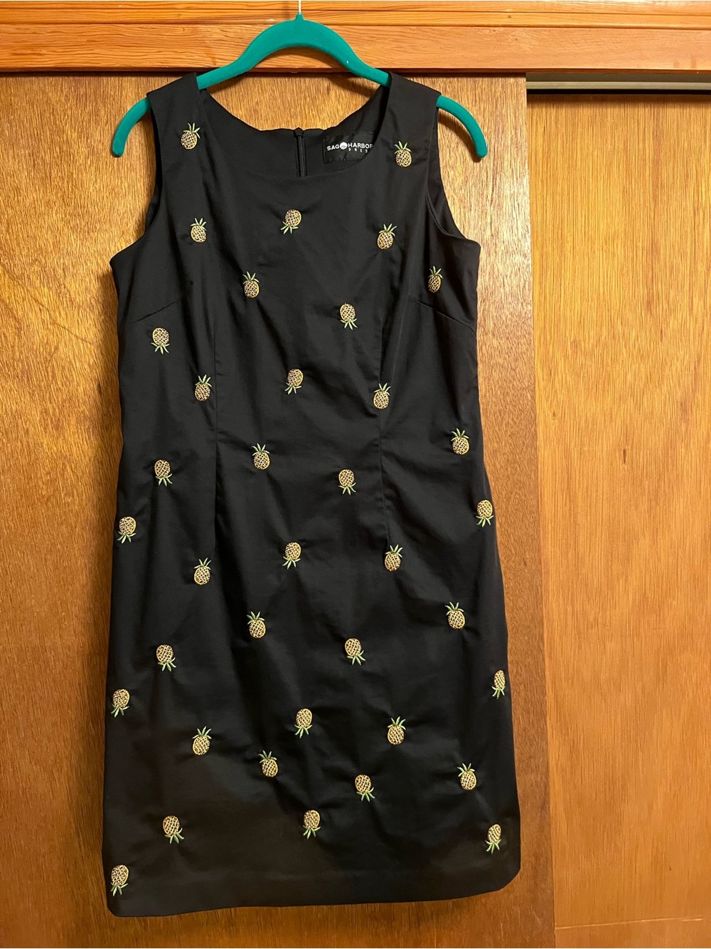 Sag Harbor Black Sleeveless Sheath Dress with Pineapple Embroidery